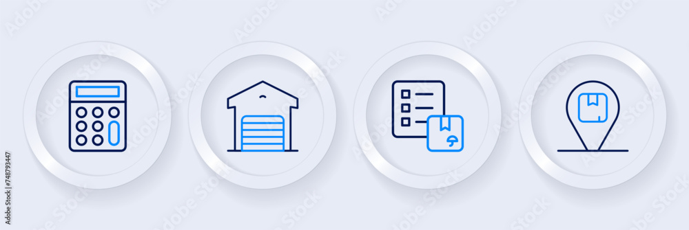 Set line Location with cardboard box, Verification of delivery list, Warehouse and Calculator icon. Vector Set line Location with cardboard box, Verification of delivery list, Warehouse and Calculator icon. Vector
