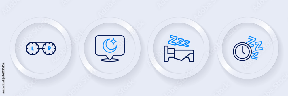 Set line Alarm clock, Time to sleep, Moon and stars and Contact lens container icon. Vector Set line Alarm clock, Time to sleep, Moon and stars and Contact lens container icon. Vector