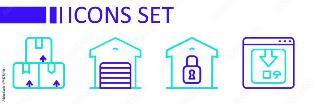 Set line Online app delivery tracking, Closed warehouse, Warehouse and Carton cardboard box icon. Vector Set line Online app delivery tracking, Closed warehouse, Warehouse and Carton cardboard box icon. Vector