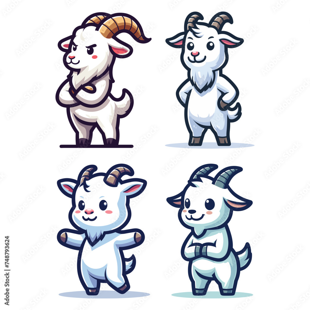 Obraz premium Set of cute goat full body cartoon mascot character vector illustration, funny adorable farm pet animal goat design template isolated on white background