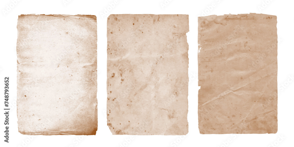 Old faded stained paper pages with ripped edges. Antique vintage brown sheets, kraft paper
