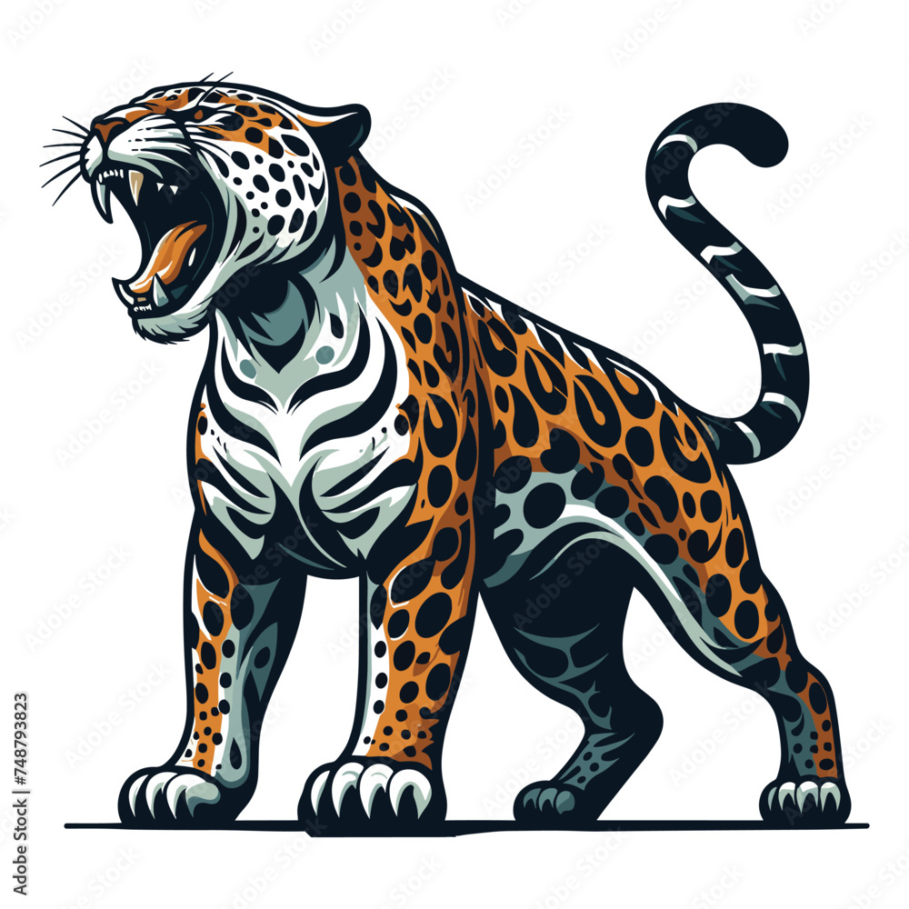 Wild roaring jaguar leopard full body vector illustration, zoology illustration, animal predator big cat design template isolated on white background Wild roaring jaguar leopard full body vector illustration, zoology illustration, animal predator big cat design template isolated on white background