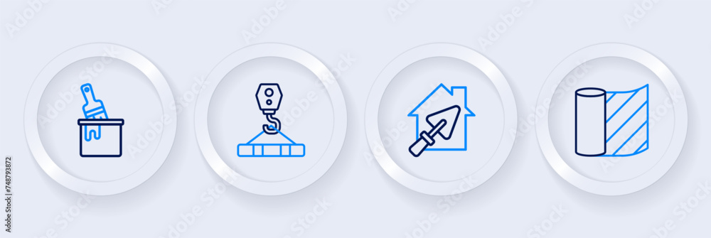 Set line Wallpaper, House with trowel, Crane hook and Paint bucket brush icon. Vector Set line Wallpaper, House with trowel, Crane hook and Paint bucket brush icon. Vector