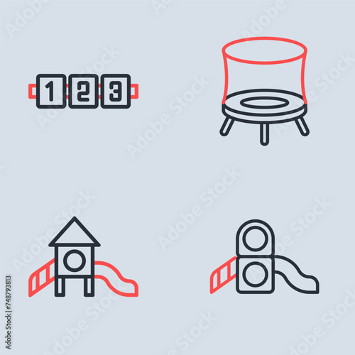 Set line Jumping trampoline, Slide playground, and Education logic game icon. Vector
