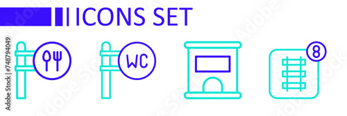 Set line Online ticket booking, Ticket office to buy tickets, Toilet and Cafe and restaurant location icon. Vector
