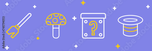 Set line Magic hat, Mystery box, Psilocybin mushroom and Witches broom icon. Vector