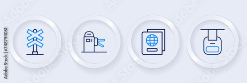 Set line Cable car, Passport, Turnstile and Railroad crossing icon. Vector