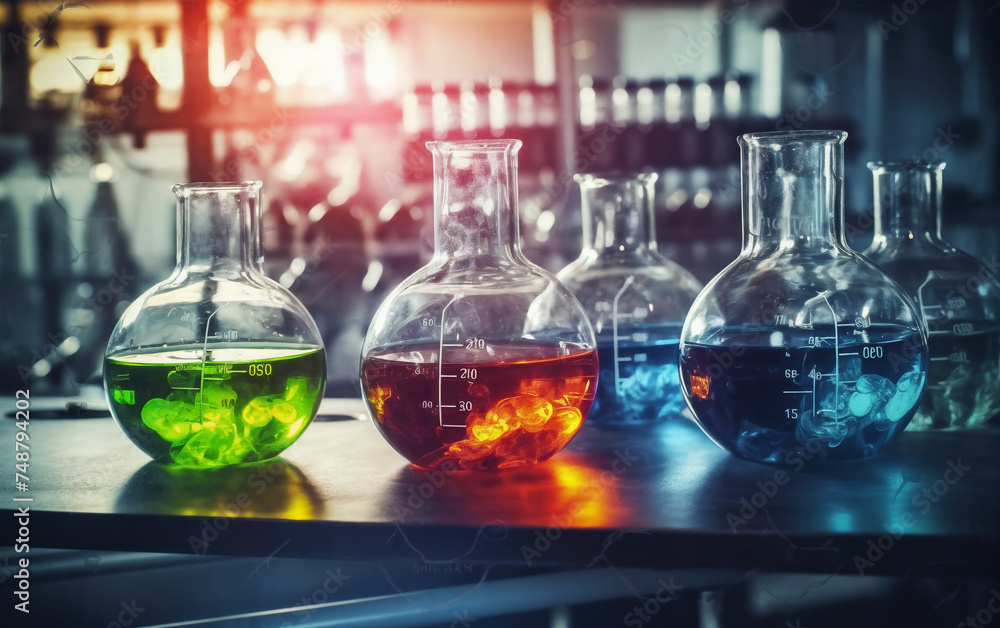 a group of glass flasks filled with liquid on a table in a laboratory setting with a bright light shining on the glass, generative ai a group of glass flasks filled with liquid on a table in a laboratory setting with a bright light shining on the glass, generative ai