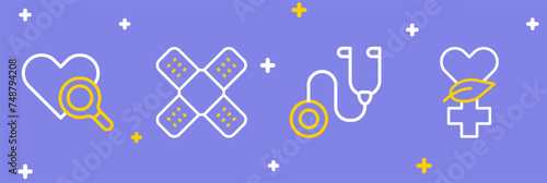 Set line Ethnoscience, Stethoscope, Crossed bandage plaster and Medical heart inspection icon. Vector