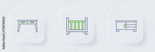 Set line TV table stand, Baby crib cradle bed and Office desk icon. Vector