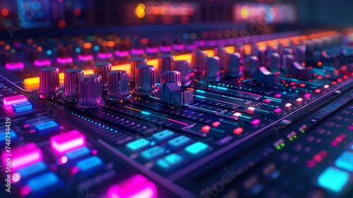 Professional audio mixing console glowing with vibrant lights in music studio