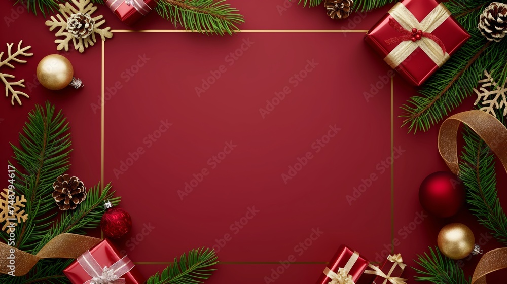 Christmas frame with decorations and gifts, golden boarder, fir branches and fir cone, simplified composition, metallic rectangles, xmas holiday gift boxes, white and crimson colors, simple elegant. Christmas frame with decorations and gifts, golden boarder, fir branches and fir cone, simplified composition, metallic rectangles, xmas holiday gift boxes, white and crimson colors, simple elegant.