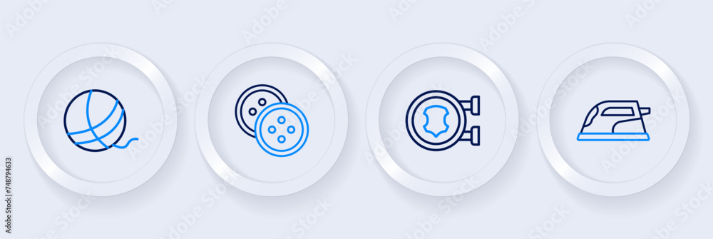 Set line Electric iron, Leather, Sewing button for clothes and Yarn ball icon. Vector Set line Electric iron, Leather, Sewing button for clothes and Yarn ball icon. Vector