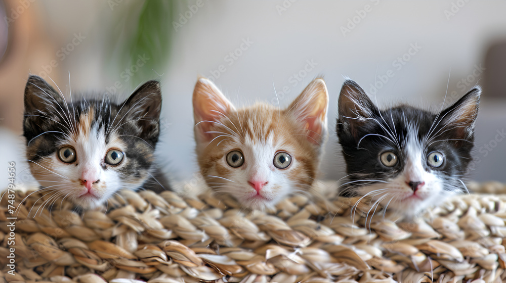 Three kittens in the paper box ,kittens in the basket ,three different colored maine coon kittens sitting side by side on blanket studio portrait

