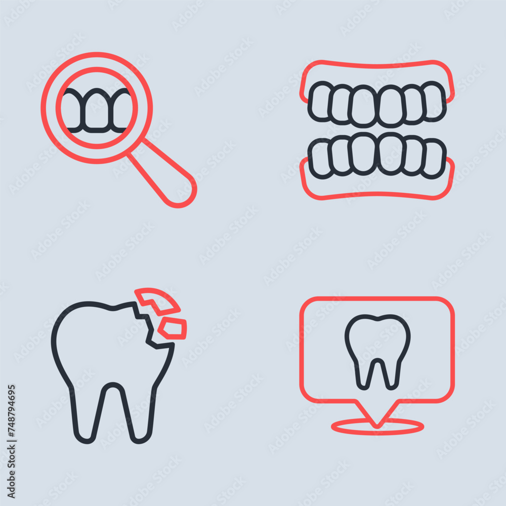 Set line Dentures model, Broken tooth, Dental clinic location and search icon. Vector Set line Dentures model, Broken tooth, Dental clinic location and search icon. Vector