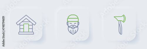Set line Wooden axe, Lumberjack and Dog house icon. Vector