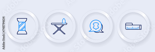 Set line Tape measure, Leather, Electric iron and ironing board and Sewing thread spool icon. Vector