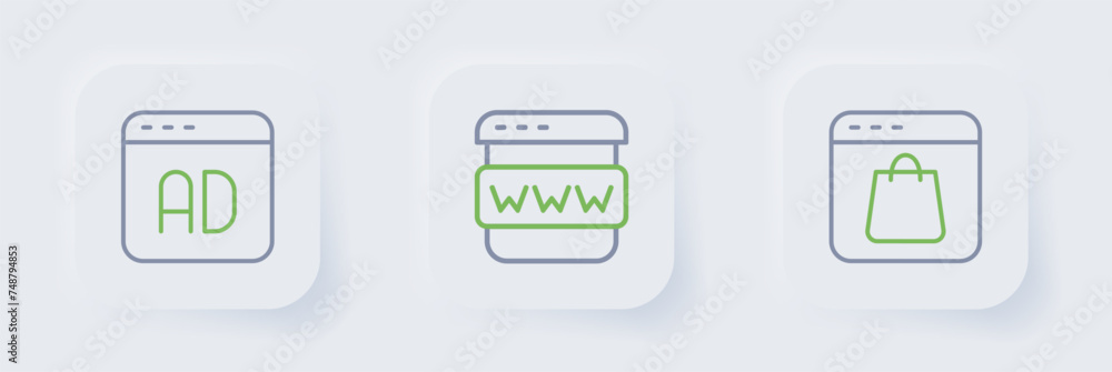 Set line Online shopping on screen, Browser window and Advertising icon. Vector Set line Online shopping on screen, Browser window and Advertising icon. Vector