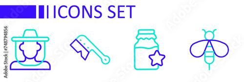 Set line Bee, Jar of honey, Beekeeping brush and Beekeeper with protect hat icon. Vector
