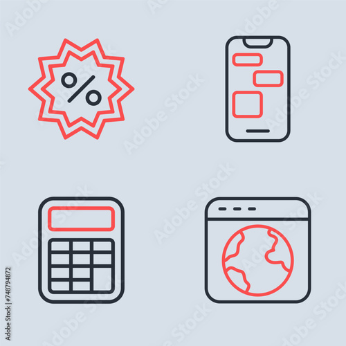 Set line Mobile 24 hours support, Calculator, Worldwide and Discount percent tag icon. Vector