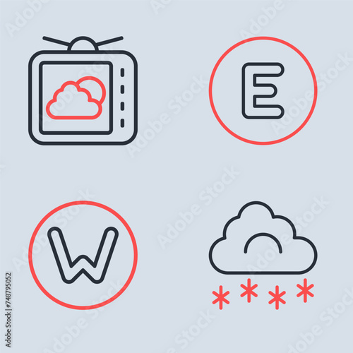 Set line Compass west, north, Cloud with snow and Weather forecast icon. Vector