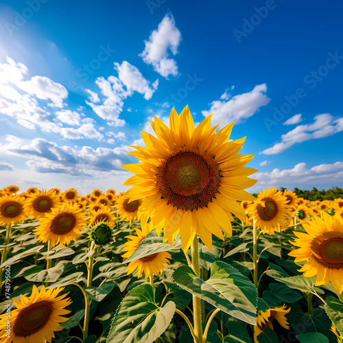 A field of sunflowers with a blue sky overhead.