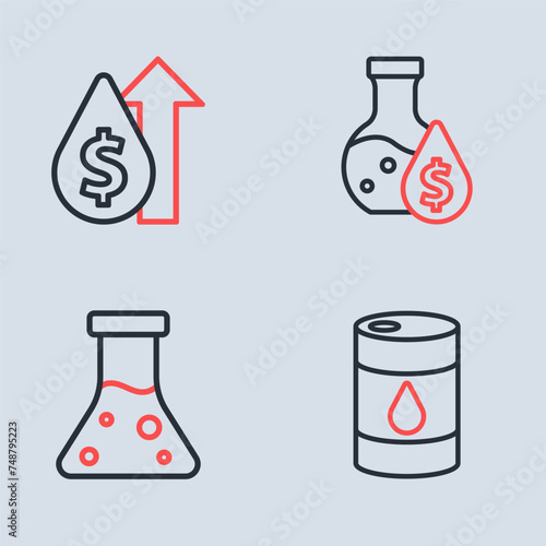 Set line Oil petrol test tube, Barrel oil and price increase icon. Vector