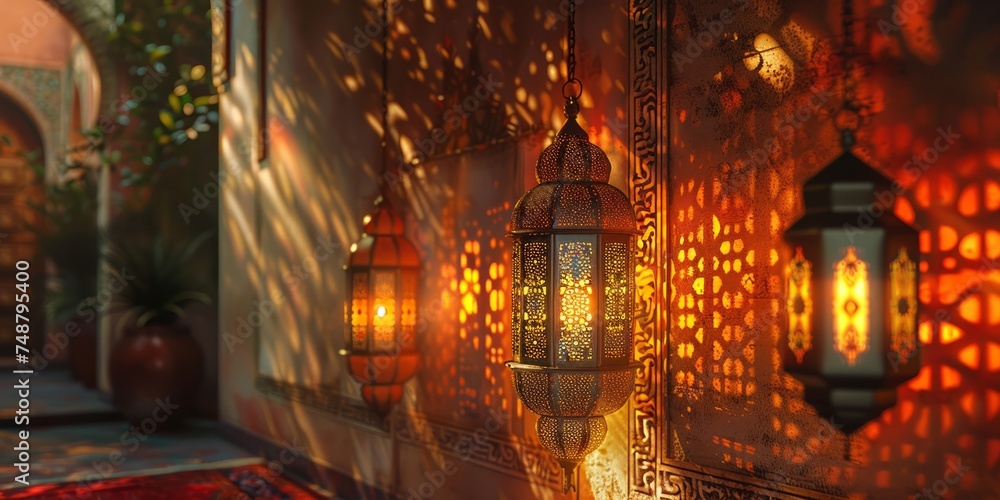 Lanterns cast intricate shadows in a tranquil corner invoking a mystical ambiance