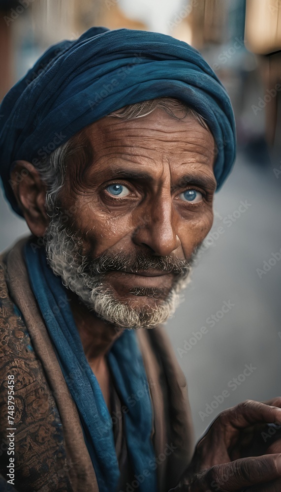 Stunning close up portrait of an old man with a blue turban on his head