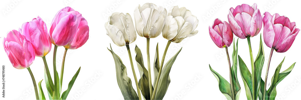 Pink & white tulips isolated on a transparent or white background, PNG Pink & white tulips isolated on a transparent or white background, PNG
