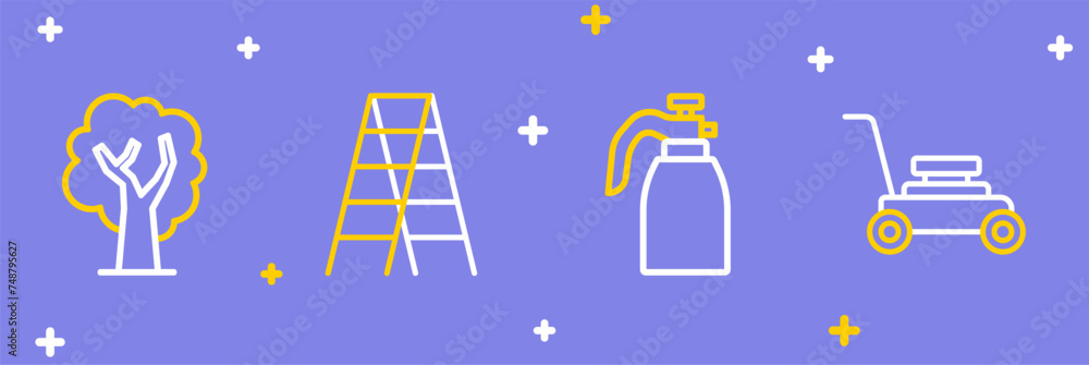Set line Lawn mower, Garden sprayer for water, Wooden staircase and Tree icon. Vector Set line Lawn mower, Garden sprayer for water, Wooden staircase and Tree icon. Vector