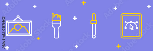 Set line Computer with design program, Eyedropper color picker palette, Paint brush and Picture landscape icon. Vector
