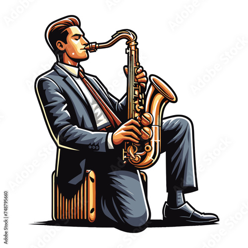 Musician playing saxophone, music player performing solo, holding sax instrument in hands, man saxophonist, jazz and blues performance. Flat vector illustration isolated on white background