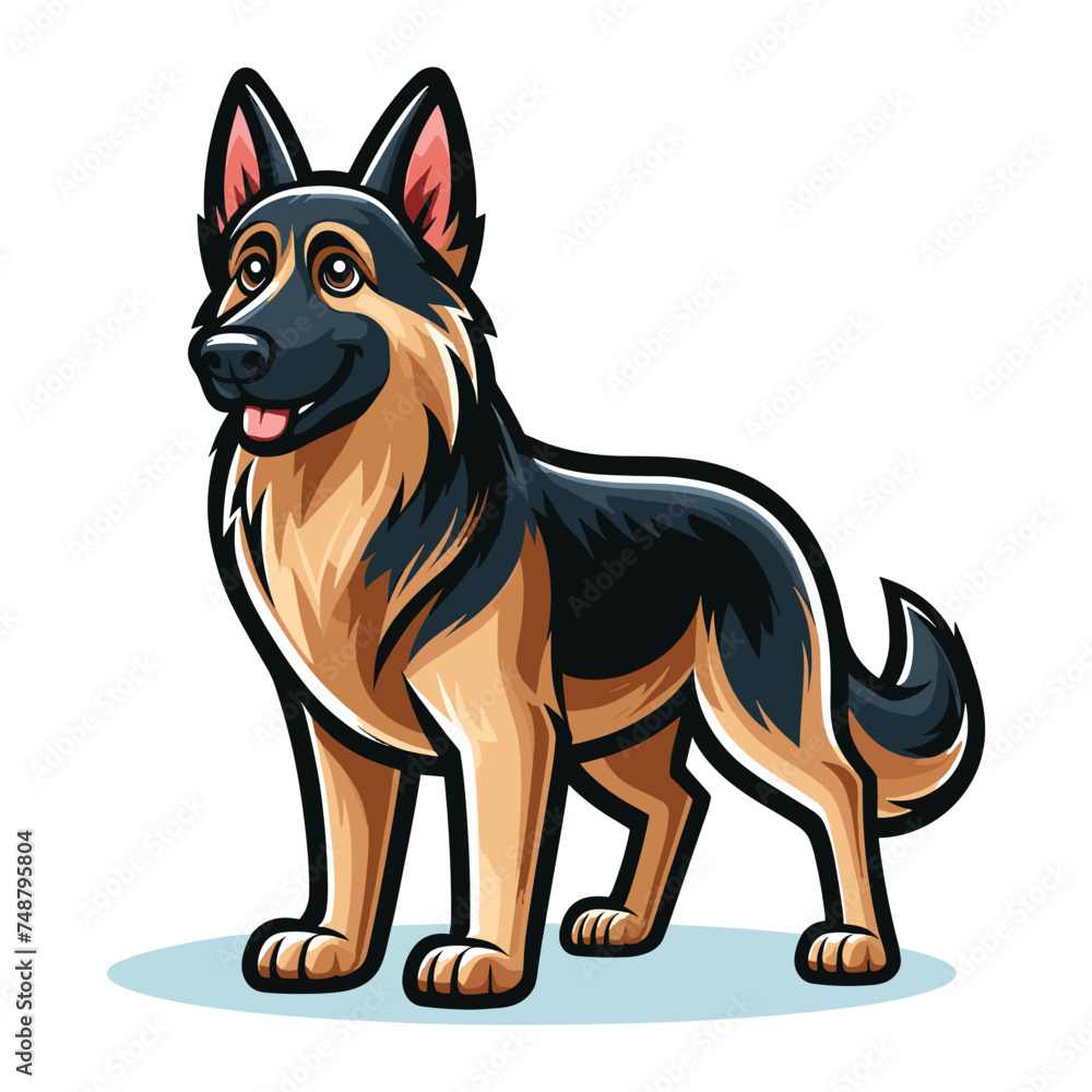 German shepherd dog cartoon mascot character vector illustration, cute adorable family pet, friendly dog full body design template isolated on white background German shepherd dog cartoon mascot character vector illustration, cute adorable family pet, friendly dog full body design template isolated on white background