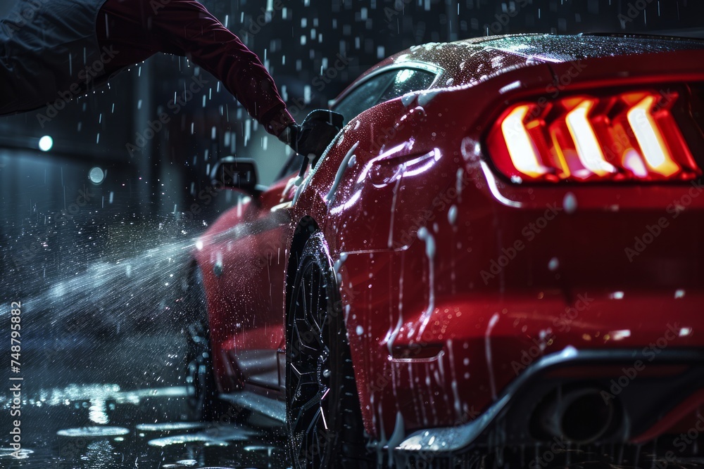 A person pressure washing a red sports car in a dark setting with water droplets illuminated around the car.