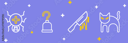 Set line Black cat, Bloody knife, Pirate hook and Spider icon. Vector