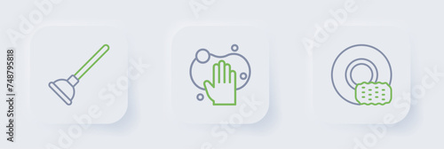 Set line Washing dishes, Sponge and Rubber plunger icon. Vector