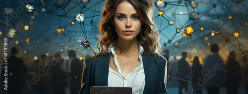 Wide illustration drawing of cute pretty news presenter woman looking at the camera holding a tab computer on her hand in a colorful lines and dots digital futuristic technological background 