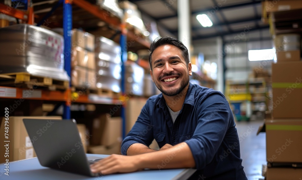 Middle aged hispanic warehouse distribution logistic deliery centre manager or employee preofessional smiling at camera with toothy smile surrounded with shelves with cardboard boxes - obrazy, fototapety, plakaty 