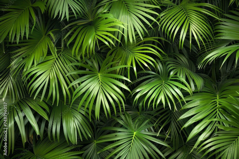 Dense green tropical palm leaves creating a lush pattern. Dense green tropical palm leaves creating a lush pattern.