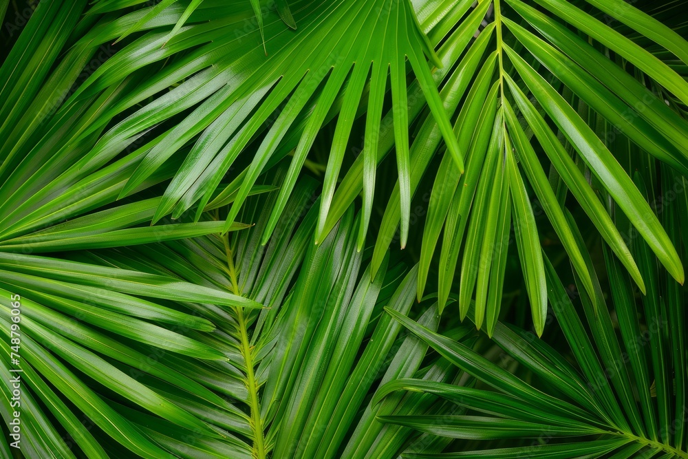 Dense green tropical palm leaves creating a lush pattern. Dense green tropical palm leaves creating a lush pattern.