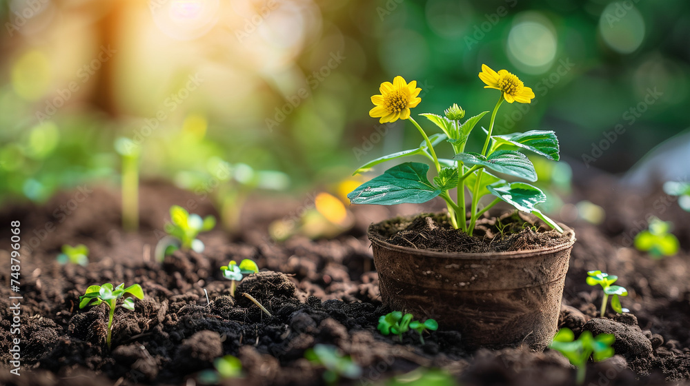 The seedling are growing from the rich soil to the morning sunlight that is shining, ecology concept. Young plant springing up out of the soil. smart farm grain field. Agriculture production concept. The seedling are growing from the rich soil to the morning sunlight that is shining, ecology concept. Young plant springing up out of the soil. smart farm grain field. Agriculture production concept.