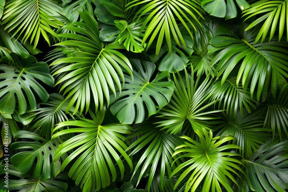 Dense green tropical palm leaves creating a lush pattern. Dense green tropical palm leaves creating a lush pattern.