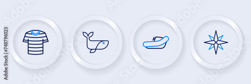 Set line Wind rose, Inflatable boat with motor, Whale and Striped sailor t-shirt icon. Vector