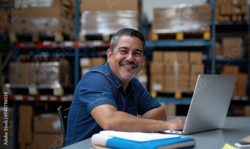 Middle aged hispanic warehouse distribution logistic deliery centre manager or employee preofessional smiling at camera with toothy smile surrounded with shelves with cardboard boxes