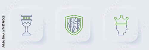 Set line King crown, Shield and Medieval goblet icon. Vector