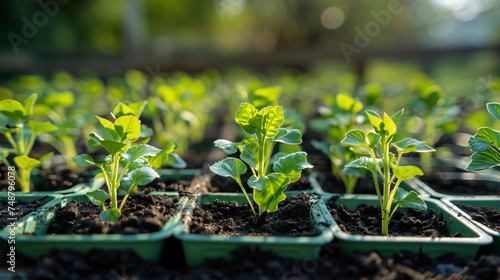 The seedling are growing from the rich soil to the morning sunlight that is shining, ecology concept. Young plant springing up out of the soil. smart farm grain field. Agriculture production concept. 