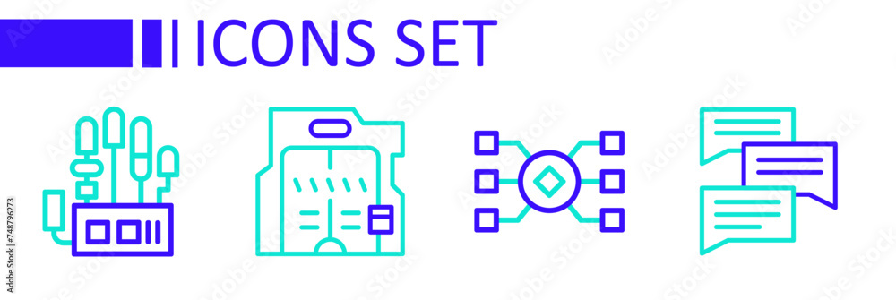 Set line Speech bubble chat, Neural network, Futuristic sliding doors and Mechanical robot hand icon. Vector Set line Speech bubble chat, Neural network, Futuristic sliding doors and Mechanical robot hand icon. Vector
