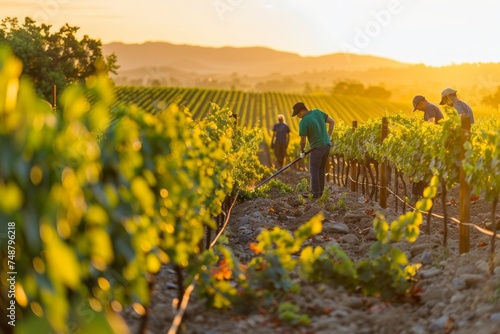 Workers tending to grapevines in a vineyard during golden hour.