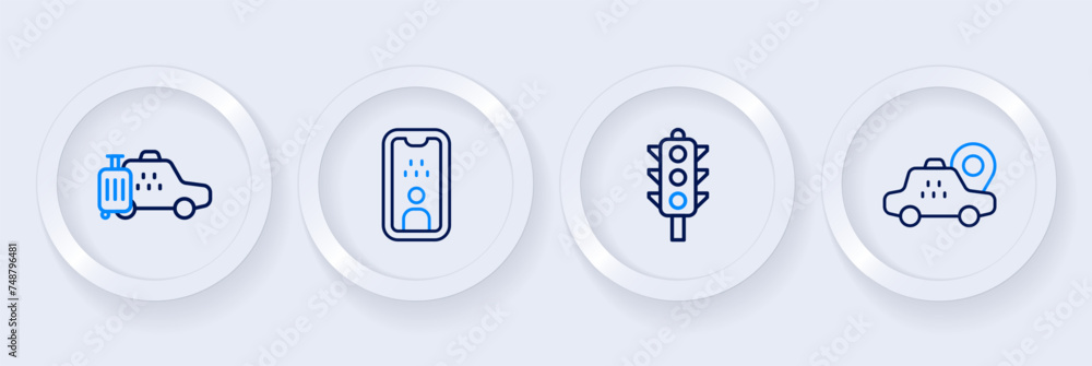 Set line Location taxi car, Traffic light, Taxi driver license and icon. Vector Set line Location taxi car, Traffic light, Taxi driver license and icon. Vector